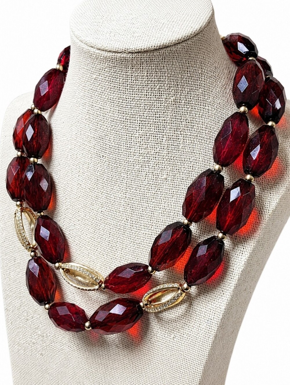 Bill Blass Dual Strand Cherry Red Faceted Lucite Vintage Rhinestone Necklace EUC